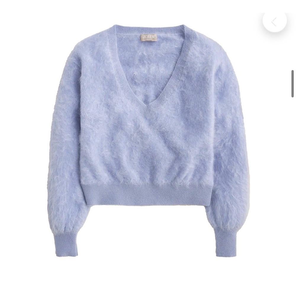 J.Crew Brushed Cashmere Cropped V-Neck Sweater Blue Women's M Fuzzy Eyelash Knit